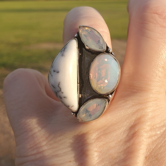 New Dendritic Opal and Milky Fire Opal 925 Silver Ring. - Picture 2 of 16